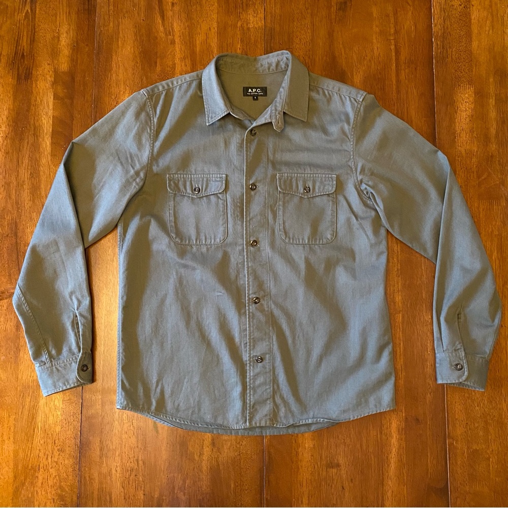 A.P.C. Rue Madame Paris - Olive Green Military-Style Button Up Shirt - Small